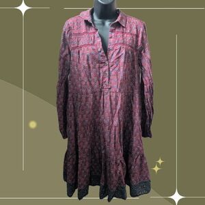 ✨ Anthropologie Diyana Tiered Tunic Dress In Burgundy Floral Size L